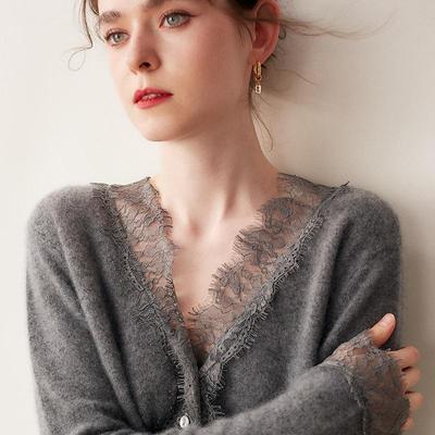 2025新款V领蕾丝边羊绒毛针织衫