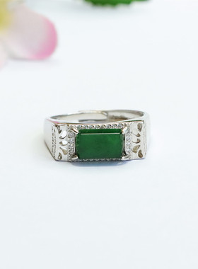 S925银镶天然翡翠戒指冰种辣阳绿马鞍男女士复古民族风饰品礼物