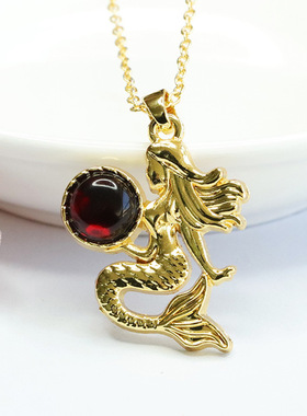 天然琥珀吊坠血珀美人鱼项链挂链珠宝首饰女士款甜美可爱时尚饰品