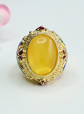 天然琥珀戒指蜜蜡鸽子蛋指环指圈复古女士款礼品气质文雅大气饰品