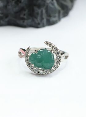 S925银镶天然翡翠兔子戒指冰种蓝水生肖兔复古风本命年男女士饰品