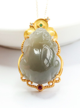 S925银镶天然和田玉吊坠烟紫招财进宝貔貅珠宝男女复古民族风饰品