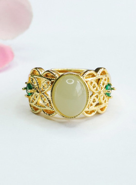 天然和田玉晴水戒指玉石爪镶指环国潮女士复古民族风饰品礼物