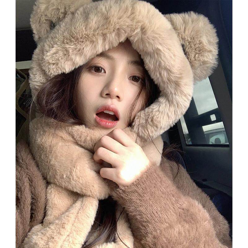 毛绒帽子围巾一体女冬季可爱小熊骑行保暖护耳连帽围脖手套三件套,服饰配件/皮带/帽子/围巾,帽子,淘宝优惠券,粉丝福利购,淘宝优惠卷