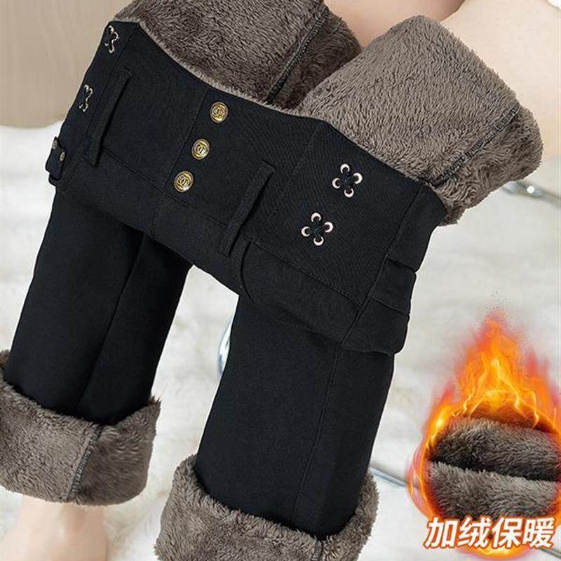 弹力超厚羊绒修身靴型牛仔裤为妇女加码外穿羊毛衬里加厚高腰黑色,女装/女士精品,牛仔裤,淘宝优惠券,粉丝福利购,淘宝优惠卷