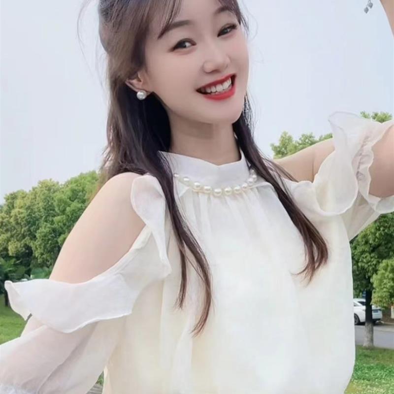 挂脖雪纺短袖衬衫女2025新款夏季法式气质设计感减龄性感露肩上衣