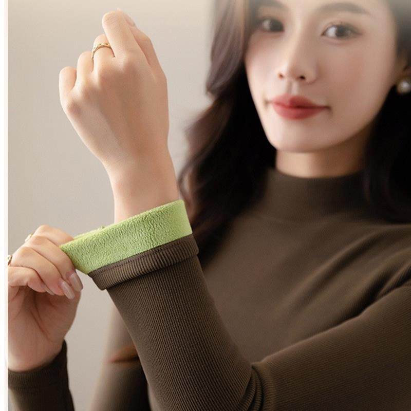 半高领女底衬衫新秋冬长袖螺纹修身女顶与天鹅绒增厚保暖内衣,女士内衣/男士内衣/家居服,保暖上装,淘宝优惠券,粉丝福利购,淘宝优惠卷