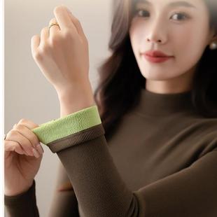半高领女底衬衫新秋冬长袖螺纹修身女顶与天鹅绒增厚保暖内衣