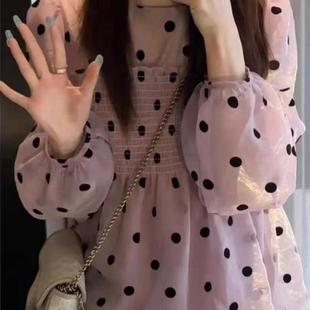 防晒上衣 法式 时尚 洋气小众褶皱波点衬衫 女2025春夏甜美雪纺泡泡袖