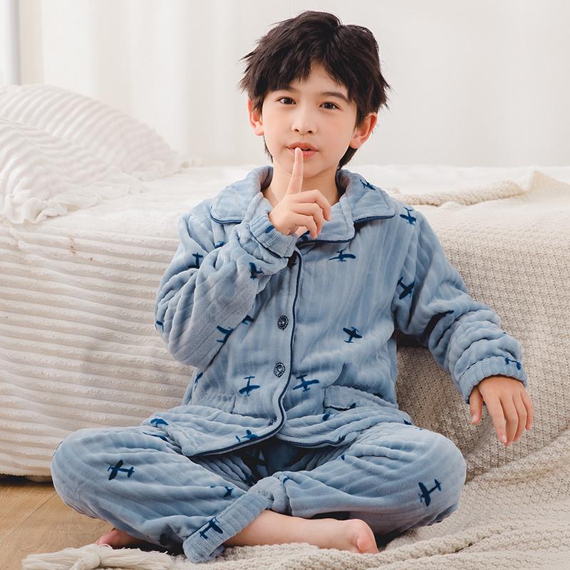男童法兰绒睡衣秋冬2-14岁儿童女孩加厚珊瑚绒套装保暖大童家居服