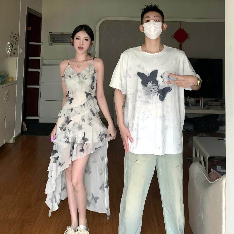 小众设计感情侣装夏季2025韩版短袖T恤女连衣裙法式一裙一衣ins潮