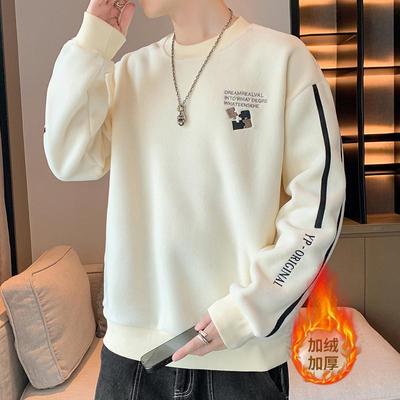 羊羔绒圆领卫衣男秋冬款加绒加厚潮牌青少年初中高中学生长袖t恤
