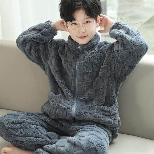 男童珊瑚绒睡衣冬季2025新款儿童中大童秋冬款加绒加厚男孩家居服