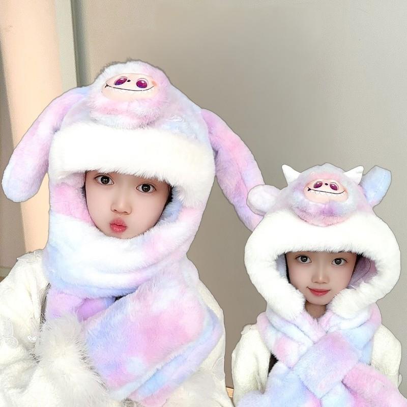 冬季新款可爱儿童帽子围巾一体加厚保暖防风围脖耳朵会动三合一