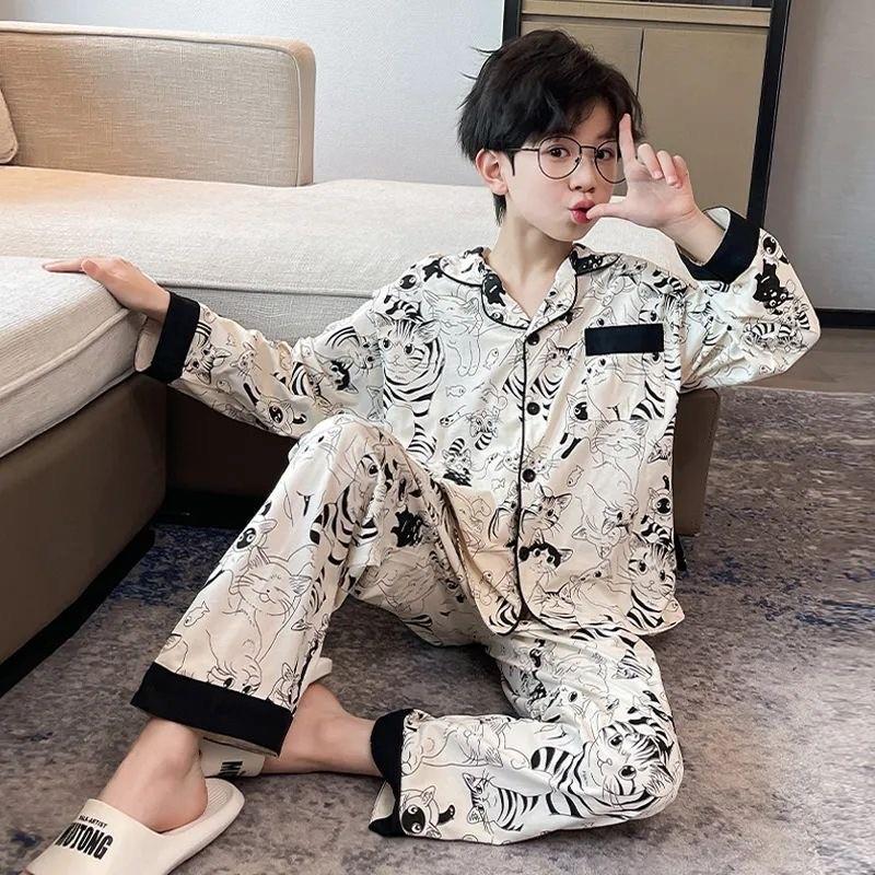 2025春秋男孩睡衣长袖春夏青少年中大儿童空调衬衫棉质男孩家装套