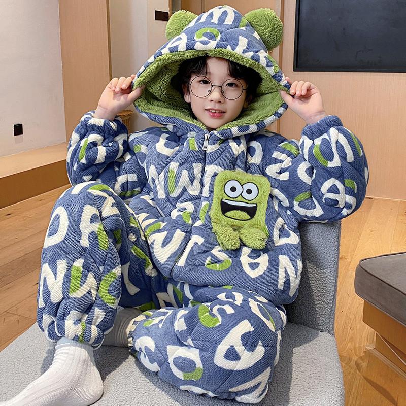 儿童睡衣男孩2025新款秋冬季三层夹棉加绒加厚冬款男童珊瑚绒套装