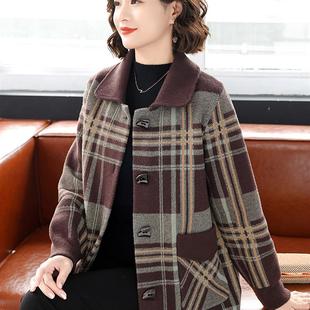女装外套春秋季款式有领格纹开衫2025新款中老年妇女秋冬羊毛上衣