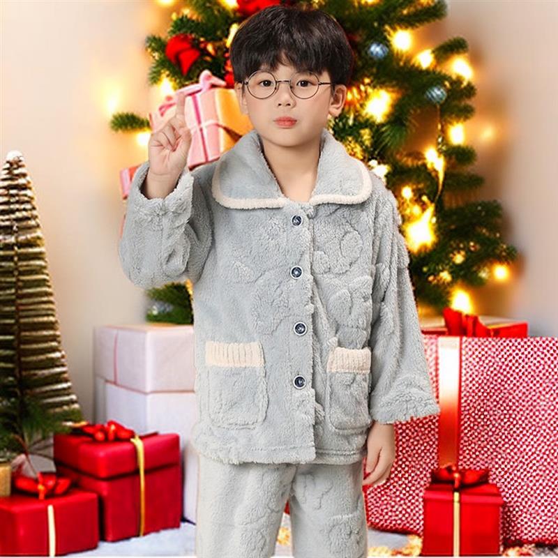 秋冬季儿童法兰绒睡衣男童女童加绒加厚保暖珊瑚绒小孩家居服套装