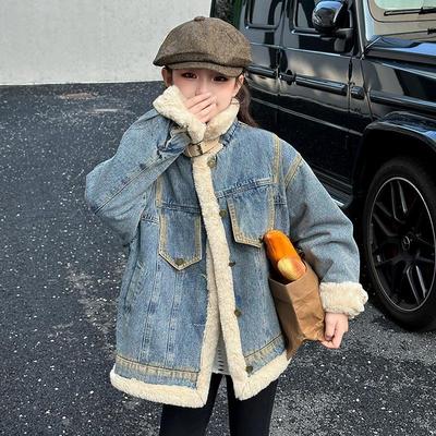 女童加绒牛仔外套2024秋冬装中大童派克服加厚羊羔毛棉服复古立领