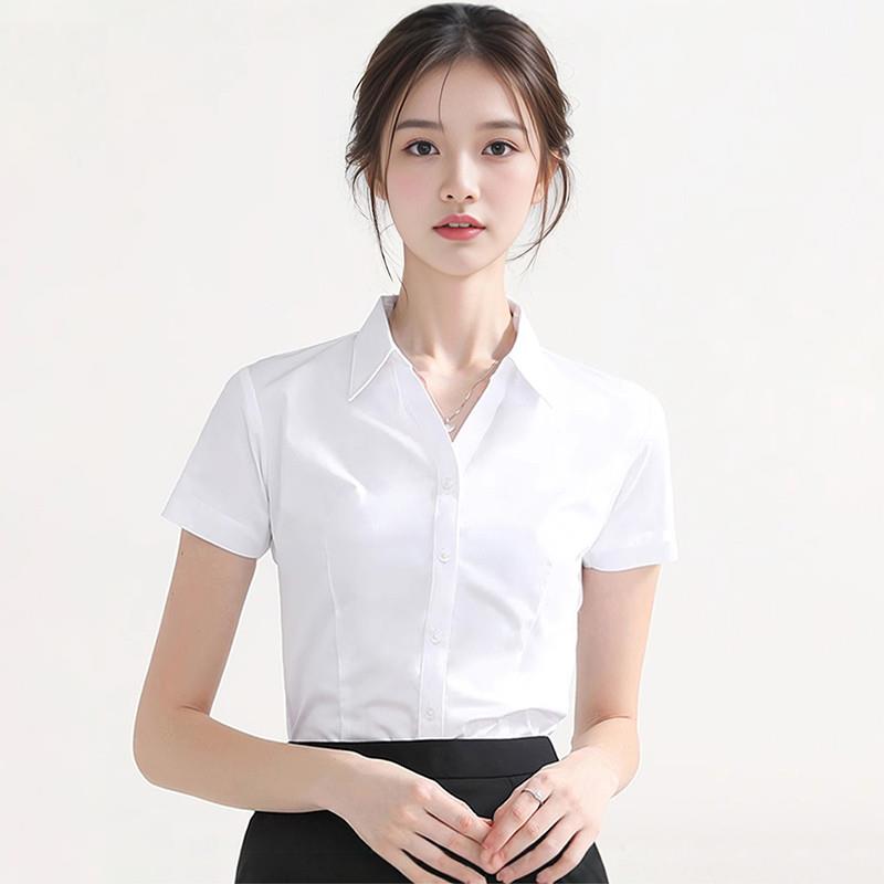 白色短袖衬衫女2025新款夏季气质工作服职业气质女士v领衬衣工装