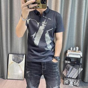 新款 男士 夏季 天丝麻polo衫 有领t恤上衣 修身 字母印花休闲百搭短袖