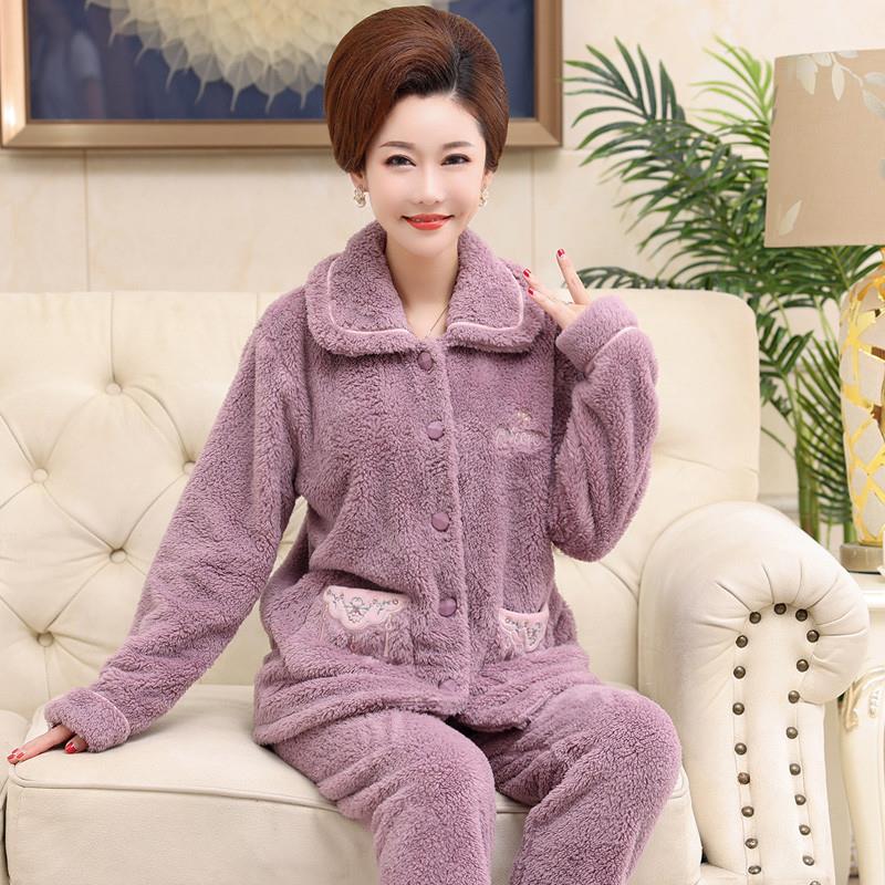 中年珊瑚绒妈妈睡衣秋冬季宽松开衫可外穿女士大码保暖家居服套装