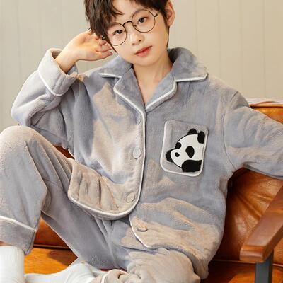 秋冬季男童法兰绒加厚睡衣儿童中大童卡通熊猫青少年珊瑚绒家居服