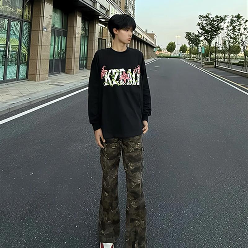 高个子加长迷彩牛仔裤男美式高街伐木工装裤子窄版修身直筒微喇裤