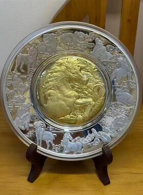 上海造币2026马年金马献瑞银盘20克银镶金纪念币摆件