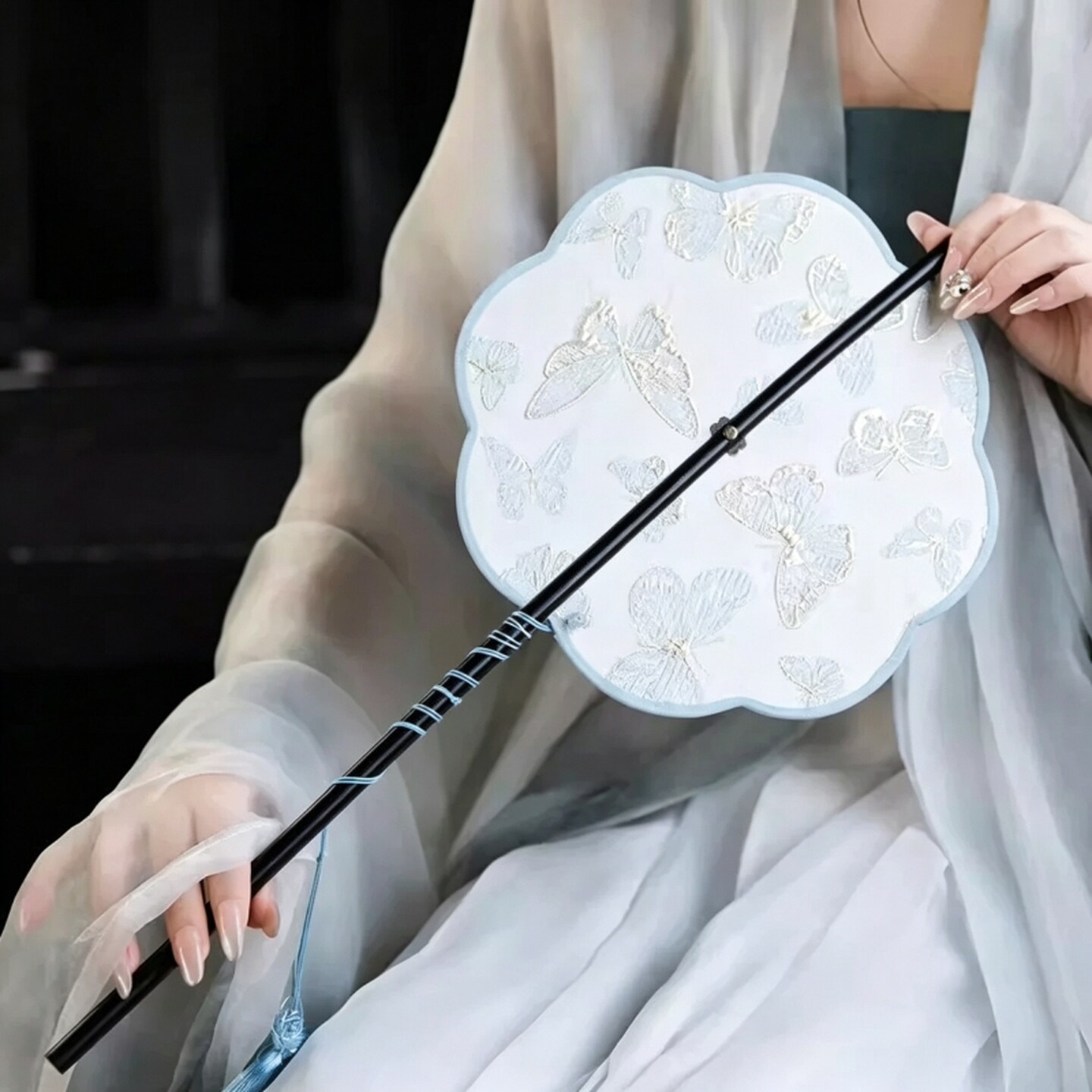 腰扇可卷便携汉服女拍照演出舞蹈用团扇长柄古典腰扇中式古风扇子
