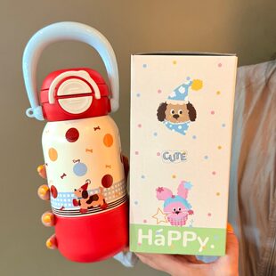 保温壶儿童可爱苹果小狗316保温杯便携手提水杯子双饮口带吸管