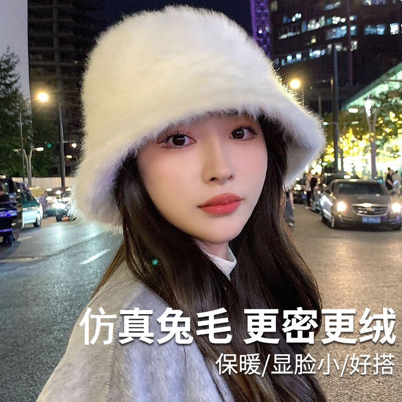 女帽子冬高级感渔夫帽女秋冬白色帽子大头围显脸小毛茸茸盆帽
