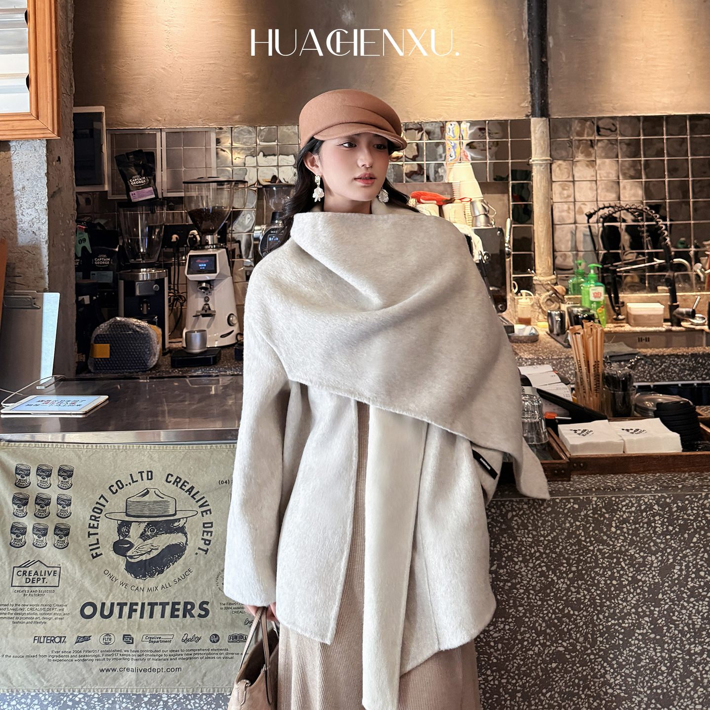 双面羊绒毛呢大衣短款围巾领外套