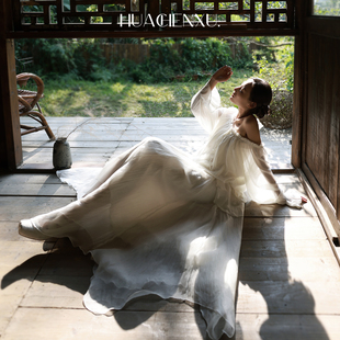 花辰序仙女风白色雪纺褶皱花边长袖女一字肩飘带设计飘逸仙气上衣