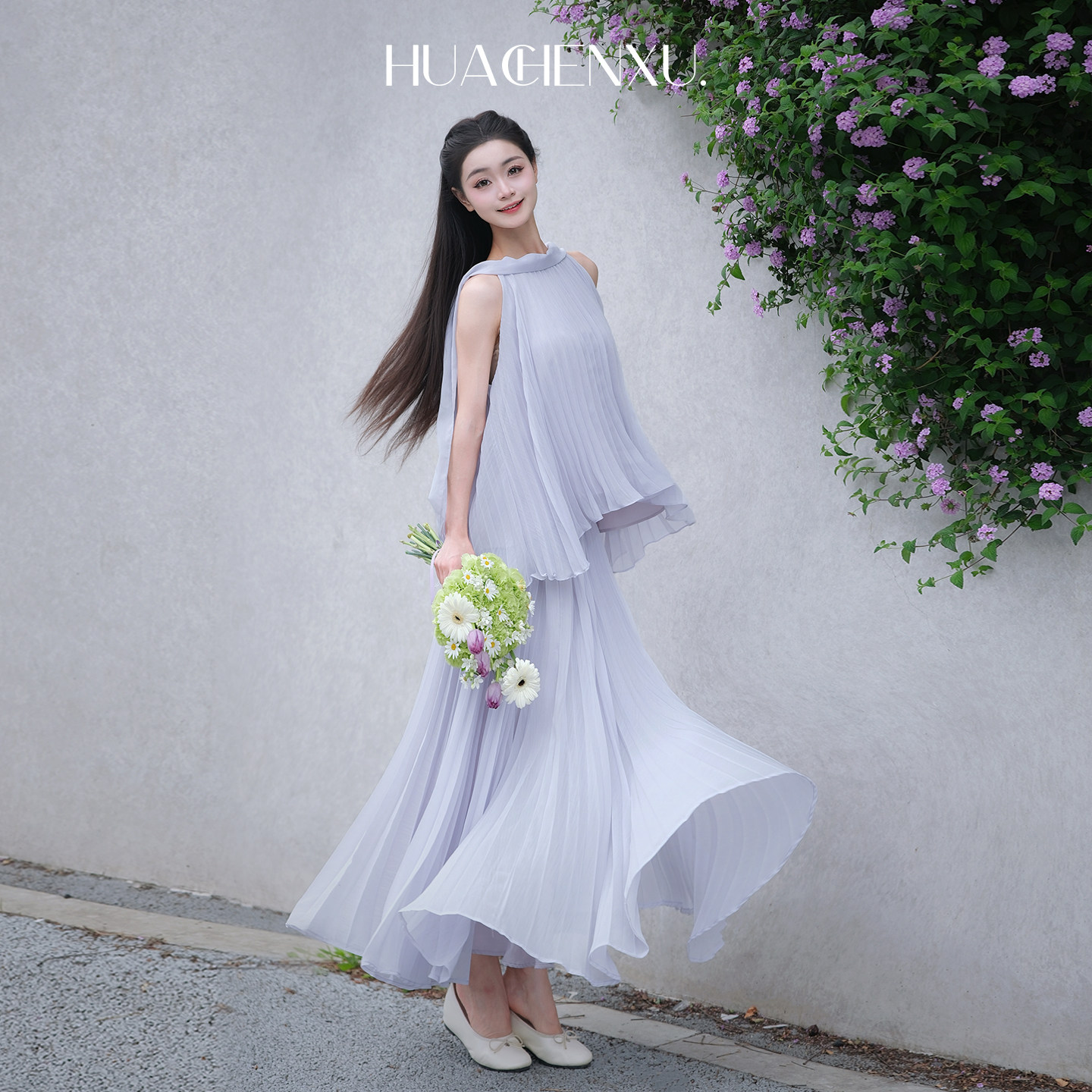 花辰序度假风无袖百褶上衣女春夏挂脖系带气质飘逸半身长裙套装