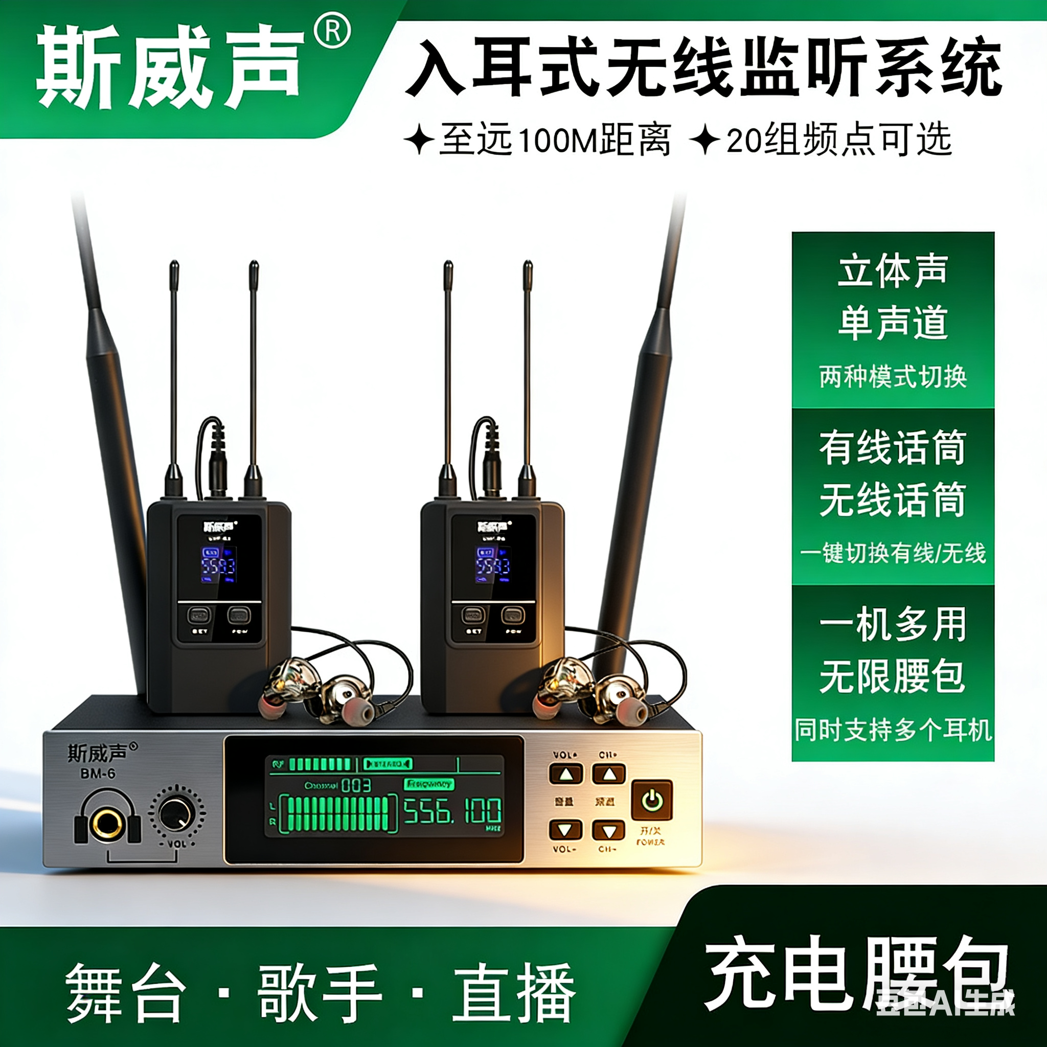 立体声监听耳机舞台歌手乐队返听声卡直播唱歌耳返无线传输100米