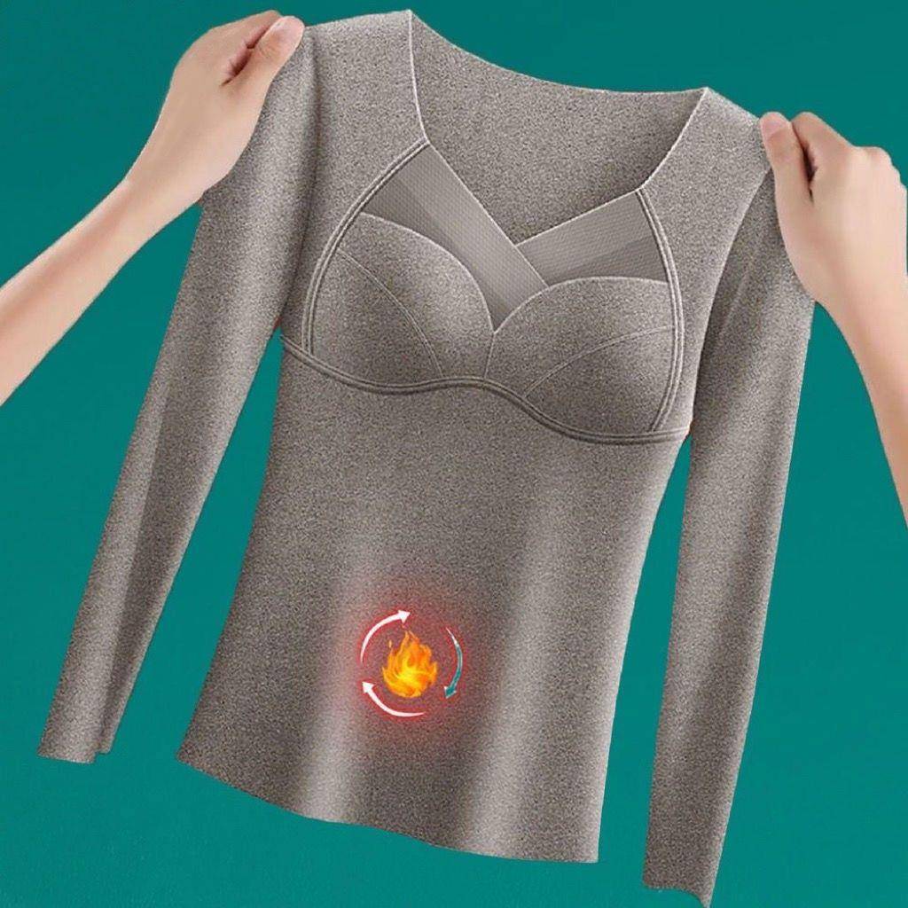 德绒发热保暖上衣长袖恤+背心女固定杯打底衫背心加绒加厚内衣女