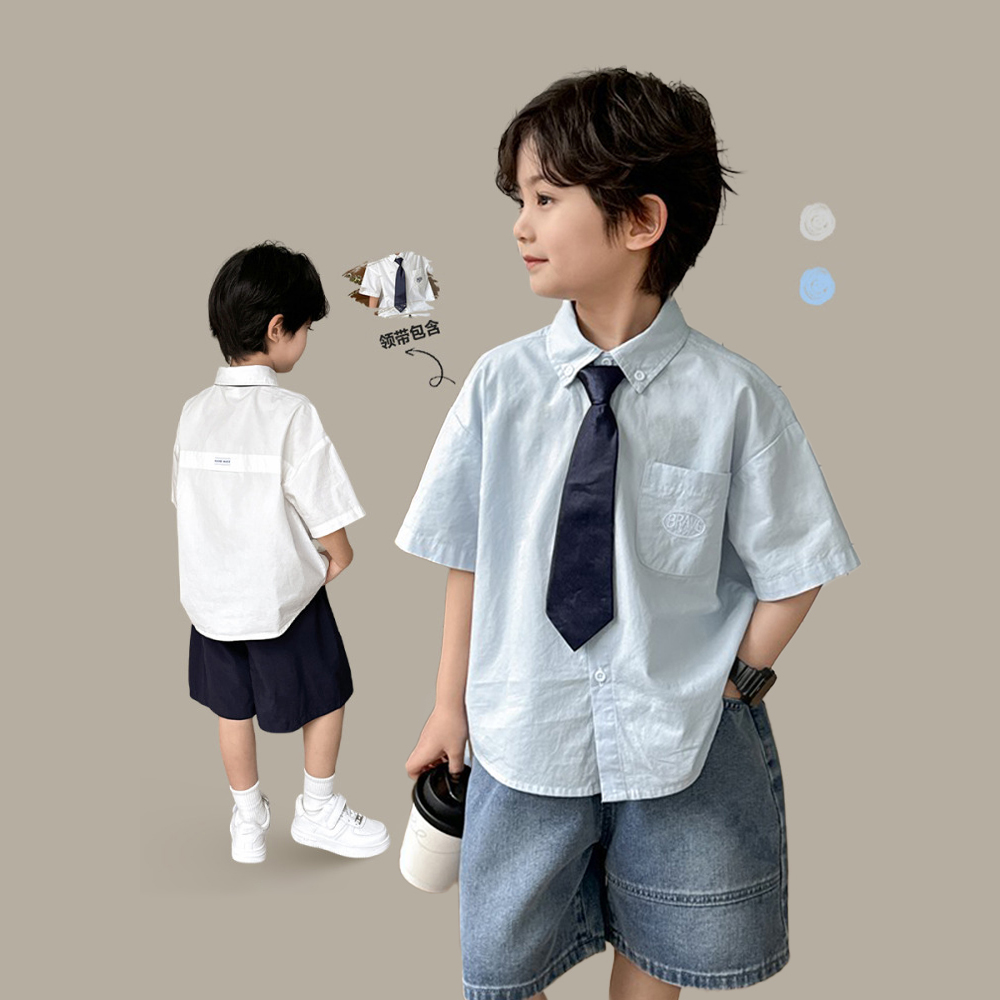 男童衬衫短袖纯棉夏装2025新款儿童套装学院风男孩白色衬衣套装