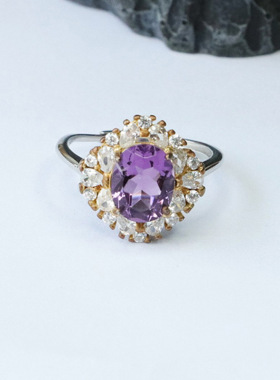 S925银镶天然紫水晶蛋面戒指紫色彩宝指环女士款礼品气质文雅饰品