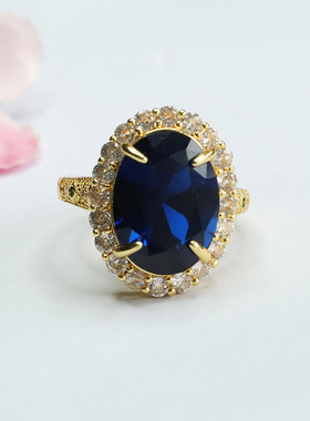蓝色宝石戒指培育尖晶石指环指圈时尚彩宝新中式民族风手饰品礼物