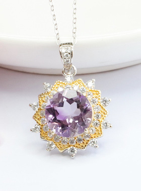S925银镶天然紫水晶吊坠紫色彩宝项链吉祥纳福礼物女玉坠饰品挂件