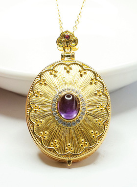 天然紫水晶吊坠紫色宝石观音相盒项链古董首饰男女民族风饰品礼物
