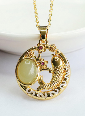 天然和田玉吊坠晴水蛋面玉石鱼跃龙门项链古风首饰女士百搭饰品