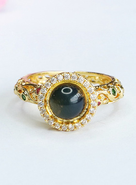 天然琥珀戒指净水蓝珀指环男女士本命年百搭简约玉石饰品个性礼物