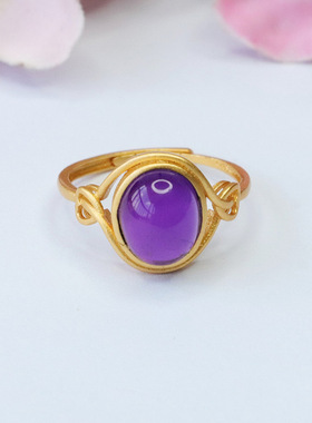 S925银镶天然紫水晶戒指紫色彩宝指环男女士款吉祥纳福礼物饰品