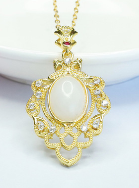 天然和田玉吊坠白玉叶子项链玉石吊坠女士复古民族风饰品节日礼物