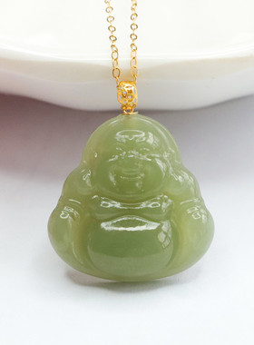 18k金镶天然和田玉吊坠佛公玉石珠宝弥勒笑佛项链女士古风锁骨链