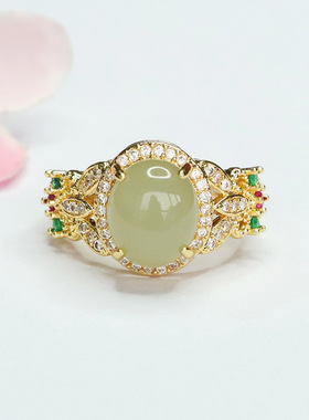 天然和田玉戒指晴水满钻三叶草玉石指环指圈女士款礼品气质饰品