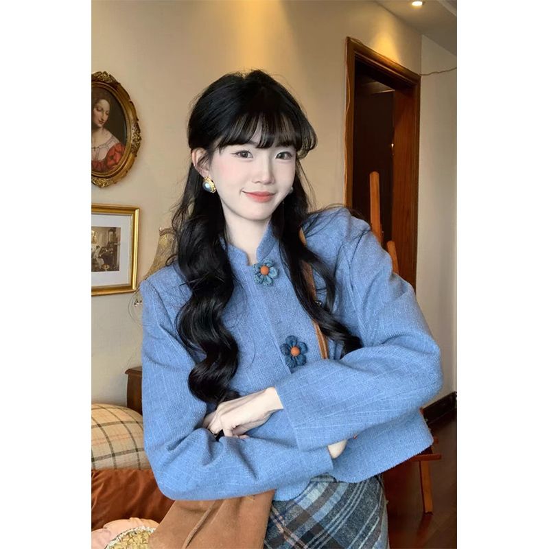 【蓝铃花语】秋冬气质显瘦百搭小众设计感女外套复古格纹半裙套装