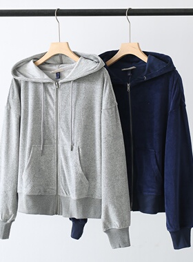 美国单！DP25美金！秋冬运动休闲天鹅绒质感连帽短款卫衣外套女